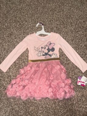 Disney Pink Minnie Mouse Long Sleeve Dress with Gold Waistband